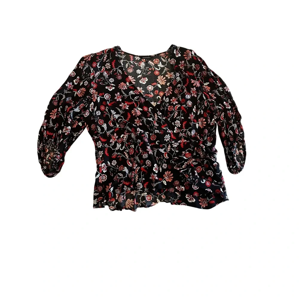 Banana‎ Republic Womens XL Floral Wrap Top Black Red V-Neck Tie Waist Blouse